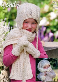 Wendy 6021 Hatscarf, Earflap Hat, Scarf and Mitts in Aran with Wool (downloadable PDF)