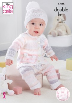 King Cole 5725 Cardigan, Trousers, Onesie and Hats in Cherish DK and Cherished DK (leaflet)
