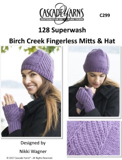 Cascade C299 - Birch Creek Fingerless Mitts & Hat in 128 Superwash (downloadable PDF)