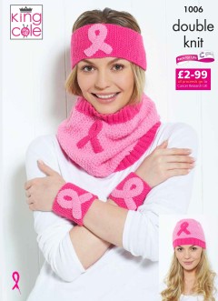King Cole 1006 Pink Ribbon Headbands, Wristbands and Cowl in Big Value DK and Cottonsoft DK (leaflet)