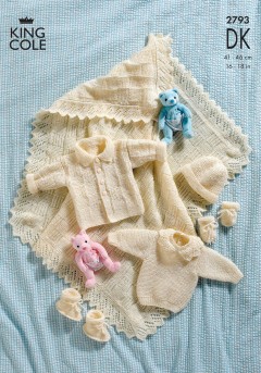 King Cole 2793 Jacket, Sweater, Hat, Mitts & Bootees, and Shawl in DK (leaflet)