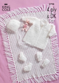 King Cole 2798 Matinee Coat, Bonnet, Bootees & Mittens, and Pram Cover in DK and 4 Ply (downloadable PDF)
