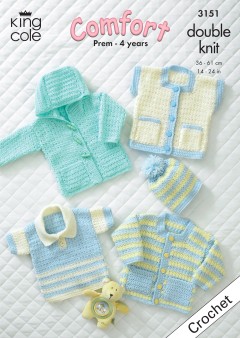 King Cole 3151 Baby Crochet Jacket, Sweater, Waistcoat and Hat in Comfort DK (downloadable PDF)
