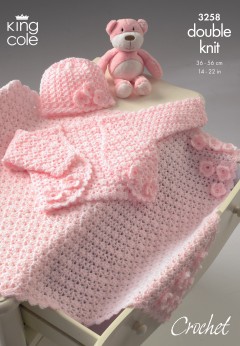 King Cole 3258 Bolero, Hat and Pram Blanket in Baby Comfort DK (downloadable PDF)