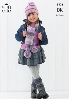 King Cole 3426 Childrens Scarves, Legwarmers, Wrist Warmers, Mitts and Hat in Splash DK (downloadable PDF)