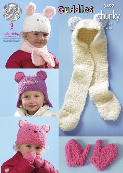 King Cole 3497 - Kids Hats, Mittens and Scarf in Cuddles Chunky (downloadable PDF)