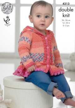 King Cole 4313 Baby Dress, Hoodle, Poncho and Mittens in Drifter for Baby DK, and Cottonsoft DK (downloadable PDF)