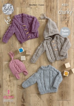 King Cole 4351 Sweater, Hooded Cardigan, V-Necked Cardigan and Hat in New Magnum Chunky (downloadable PDF)