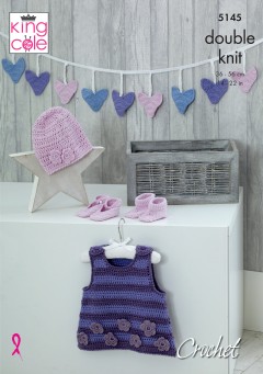 King Cole 5145 Pinafore Dress, Bunting, Hat, Shoes & Bootees in Cottonsoft DK (downloadable PDF)