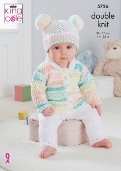 King Cole 5726 Cardigan, Trousers, Hat, Onesie and Blanket in Cherish DK and Cherished DK (leaflet)