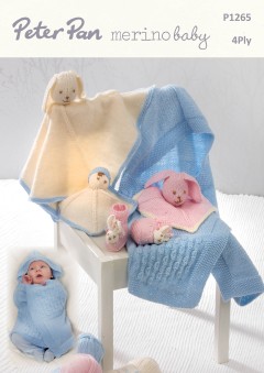 Peter Pan P1265 Swaddle Blanket, Comforters and Bunny Slippers in Merino Baby 4ply (downloadable PDF)
