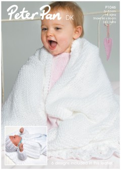 Peter Pan P1046 Matinee Coat, Angel Top, Bonnet, Mittens, Bootees and Shawl in DK (downloadable PDF)