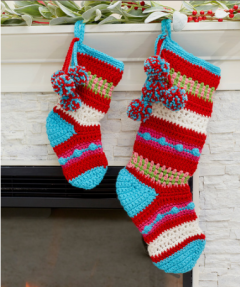 Red Heart - Pompoms & Stripes Holiday Stockings in Super Saver (downloadable PDF)
