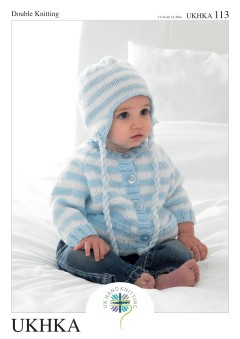 UKHKA 113 Baby Cardigan, Helmet & Scarf in DK (downloadable PDF)
