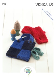 UKHKA 153 Baby Shoes, Egg Cosy, Bag & Wristwarmers in DK (downloadable PDF)