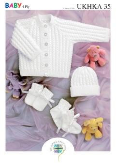 UKHKA 35 Baby Jacket, Hat, Mittens & Bootees in 4 Ply (downloadable PDF)