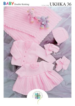 UKHKA 36 Baby Shawl, Dress, Cardigan, Hat, Mittens & Bootees in DK (downloadable PDF)
