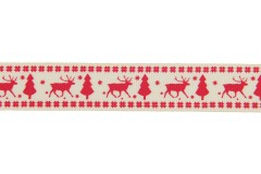 Berties Bows Grosgrain Ribbon - 22mm wide - Reindeer & Tree - Red on Ivory (3m reel)