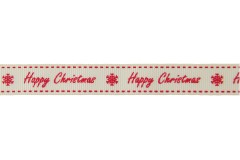 Berties Bows Grosgrain Ribbon - 16mm wide - Happy Christmas - Red on Ivory (3m reel)