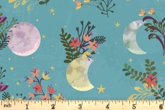 Craft Cotton Co - Moonlight - Floral Moon - Turquoise with Gold Metallic (18708-TRQ)