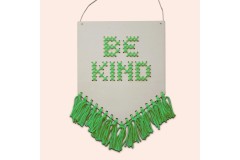 Cotton Clara - 'Be Kind' Tasseled Wooden Banner - Green (Cross Stitch Kit)