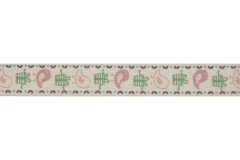 Bowtique Natural Cotton Ribbon - 15mm wide - Birds & Gifts - Pink / Green (5m reel)