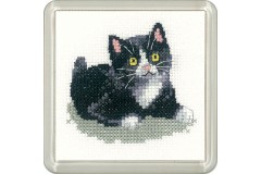 Heritage Crafts - Little Friends Coaster Kit - Black & White Kitten (Cross Stitch Kit)