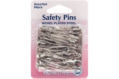 Hemline Safety Pins, 27, 34, 38, 46mm, Silver (pack of 64)