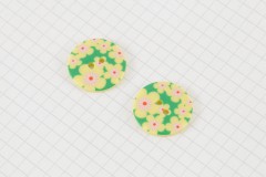Round Flower Print Buttons, Green/Yellow, 22.5mm (pack of 2)