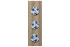 Handmade Round Floral Painted Buttons, Blue/Cream, 30mm (pack of 3)